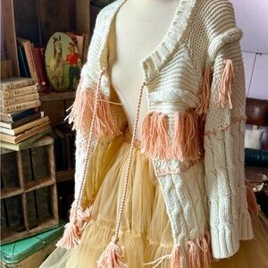 Anthropologie Cream and Pink Tassel Cardigan
